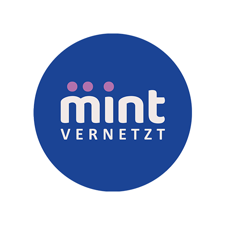 Ein blauer Kreis mit dem Text „mint vernetzt“ in weißer Schrift. Das Wort „mint“ ist stilisiert, wobei drei rosa Punkte über dem Buchstaben „i“ die Akzente darstellen.
