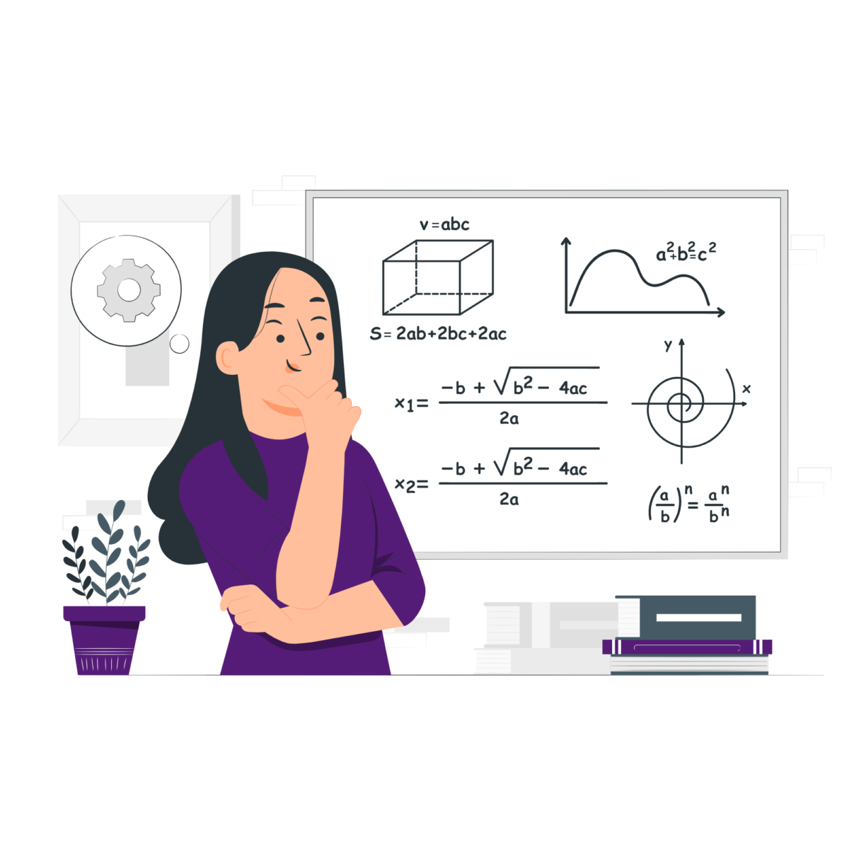 Eine Person mit langen Haaren und einem lila Hemd steht nachdenklich mit der Hand am Kinn vor einer weißen Tafel voller mathematischer Gleichungen und geometrischer Formen. Im Hintergrund sind eine Zeichnung an der Wand, eine Pflanze und ein Stapel Bücher zu sehen.