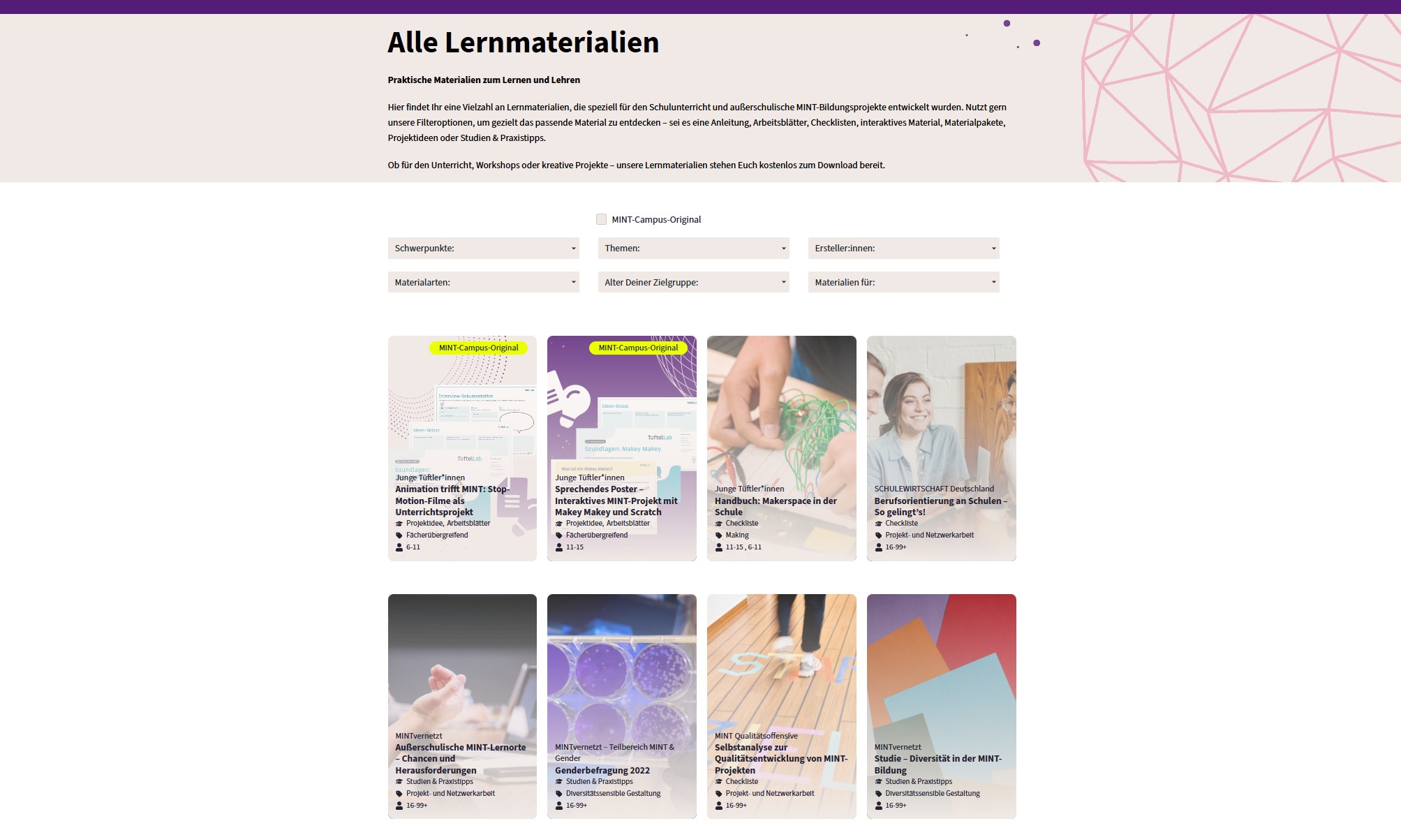 MINT-Campus Webseite mit deutschsprachigen Lehrmaterialien. Die Seite bietet verschiedene Kategorien wie „Schwerpunkte“ und „Materialien“. Darunter befinden sich Karten mit Abbildungen von Händen, Papierbasteleien und Lehrmitteln. Das Menü oben ist abstrakt gestaltet.
