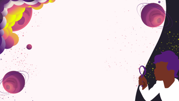 Ein Kind mit lilafarbenem Haar hält rechts eine Lupe und betrachtet links abstrakte bunte Planeten und Wolken, die sich vor einem hellen Hintergrund mit verstreuten Punkten befinden.