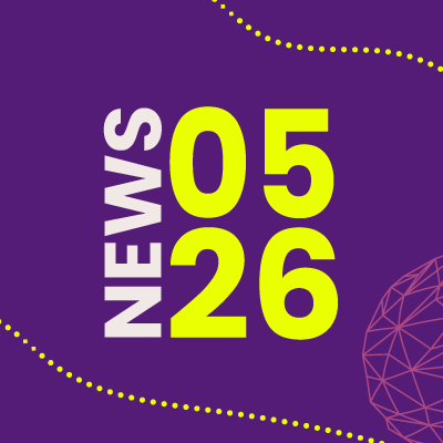 Lila Hintergrund mit dem Wort „NEWS“ in Weiß und den großen gelben Ziffern „05“ über „26“. Gelbe gepunktete Linien und eine rosa geometrische Form schmücken die Ecken und sorgen so für ein lebhaftes Layout der MINT-Campus NEWS 01/26.
