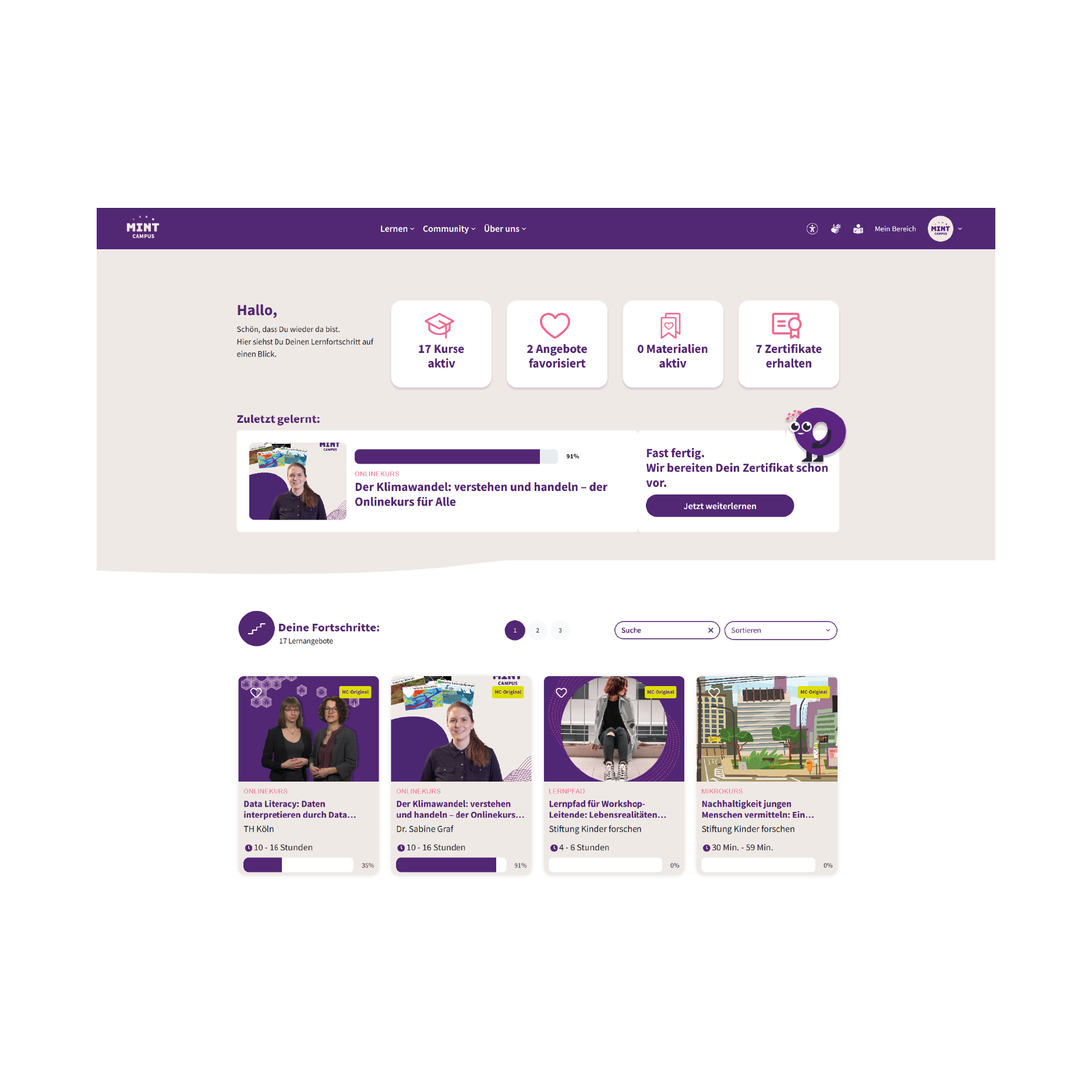 Screenshot einer deutschsprachigen Online-Lernplattform MINT-Campus mit einem Benutzer-Dashboard mit Optionen für IT-Kurse, Favoriten, Materialien und Zertifikate. Kurskarten und Fortschrittsverfolgung sind ebenfalls sichtbar. Die Oberfläche ist in den Farben Lila und Weiß gehalten.