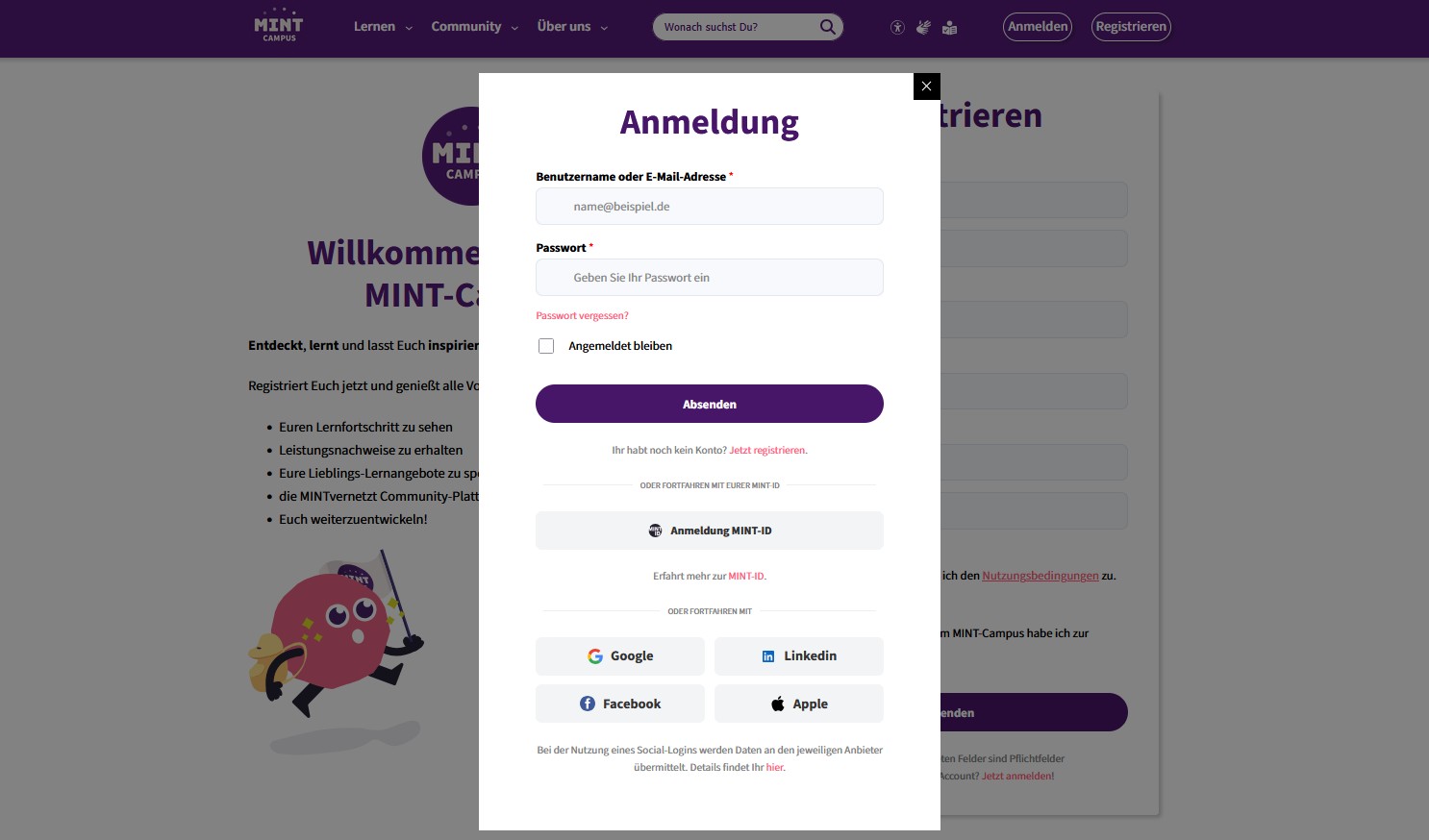Ein Anmelde-Popup-Fenster auf der MINT-Campus-Website fragt nach einem Benutzernamen oder einer E-Mail-Adresse und einem Passwort. Im Folgenden finden Sie Optionen, um eingeloggt zu bleiben, das Passwort zurückzusetzen oder sich mit Google-, LinkedIn- oder Apple-Konten anzumelden.